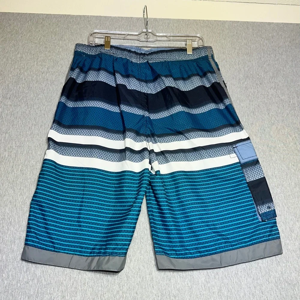 Tru Cal Mens Board Shorts Aqua Blue Striped Swim Trunks Cargo Pocket Size L NWT